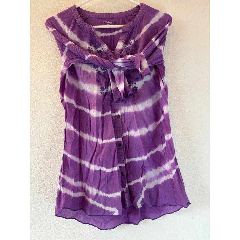Indigo Rein Purple Tie Dye Embroidered Tunic Top Roll Tab Sleeve Medium